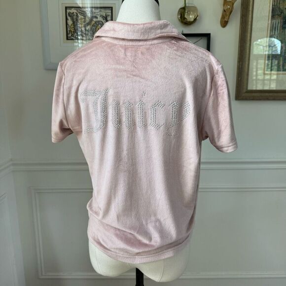 Juicy Couture Silky Soft Pink Velour Silver Bling Stud Cropped Button Up M - Picture 2 of 13